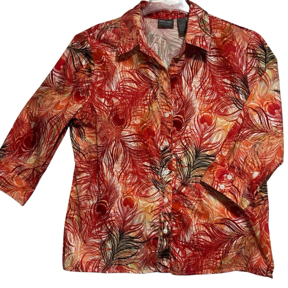 ADDITIONS by Chico’s peacock print orange button up top 3/4 sleeves 2 (M…